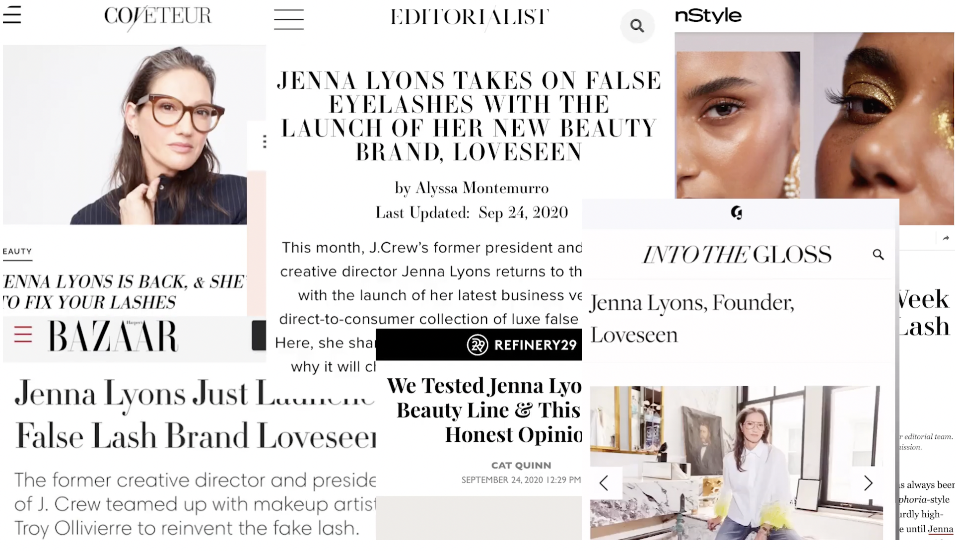 Collage of overlapping screens from different news and magazine websites featuring articles about Jenna Lyons, her new beauty brand, and photos of women with makeup and beauty products.