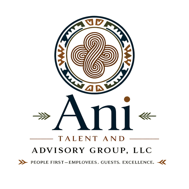 Logo for Ani Talent and Advisory Group LLC featuring a stylized knot design within a circular border, with the company name and tagline 'People First — Employees, Guests, Excellence'.
