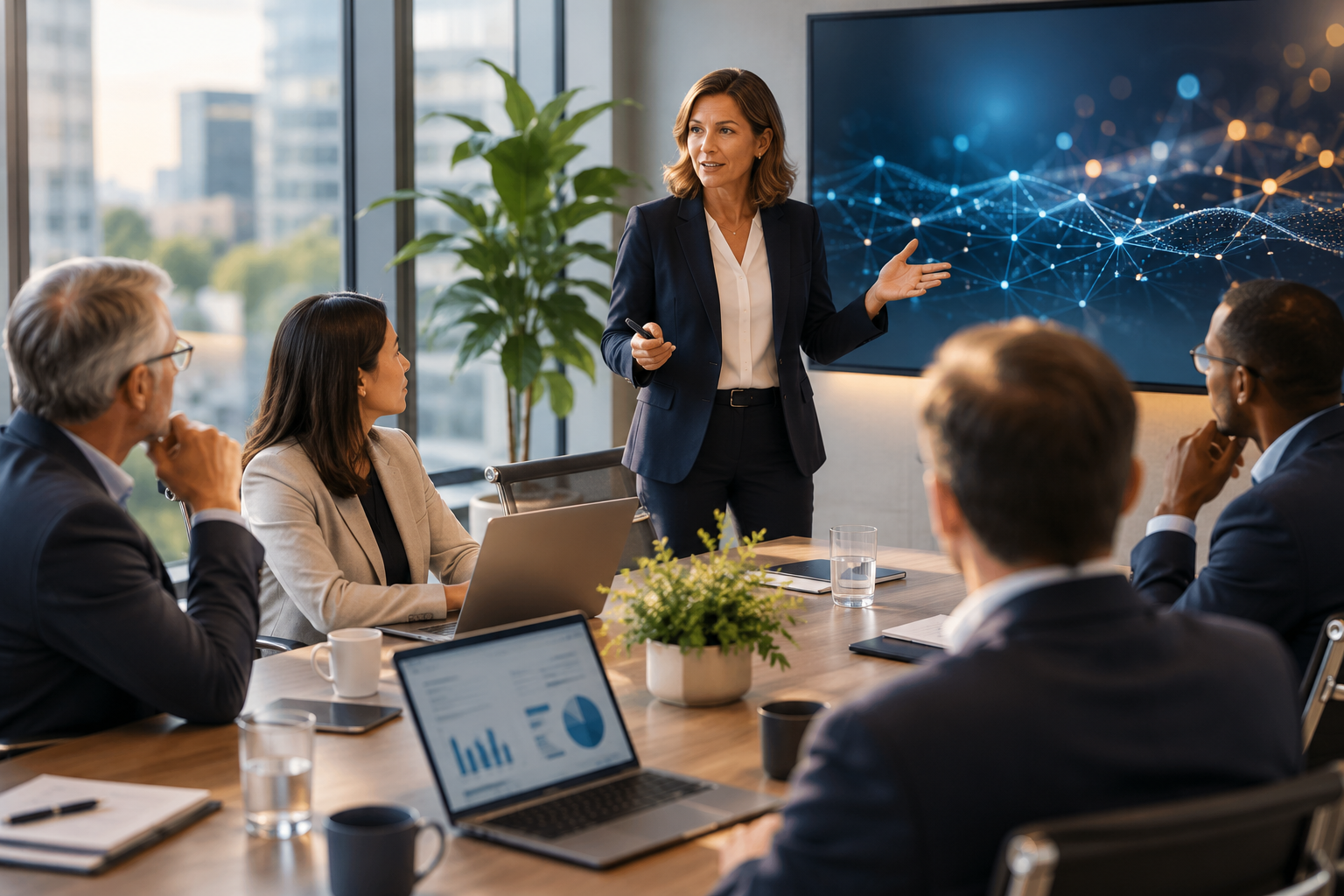 Businesswoman giving a presentation to a group of professionals in a modern conference room with large windows.