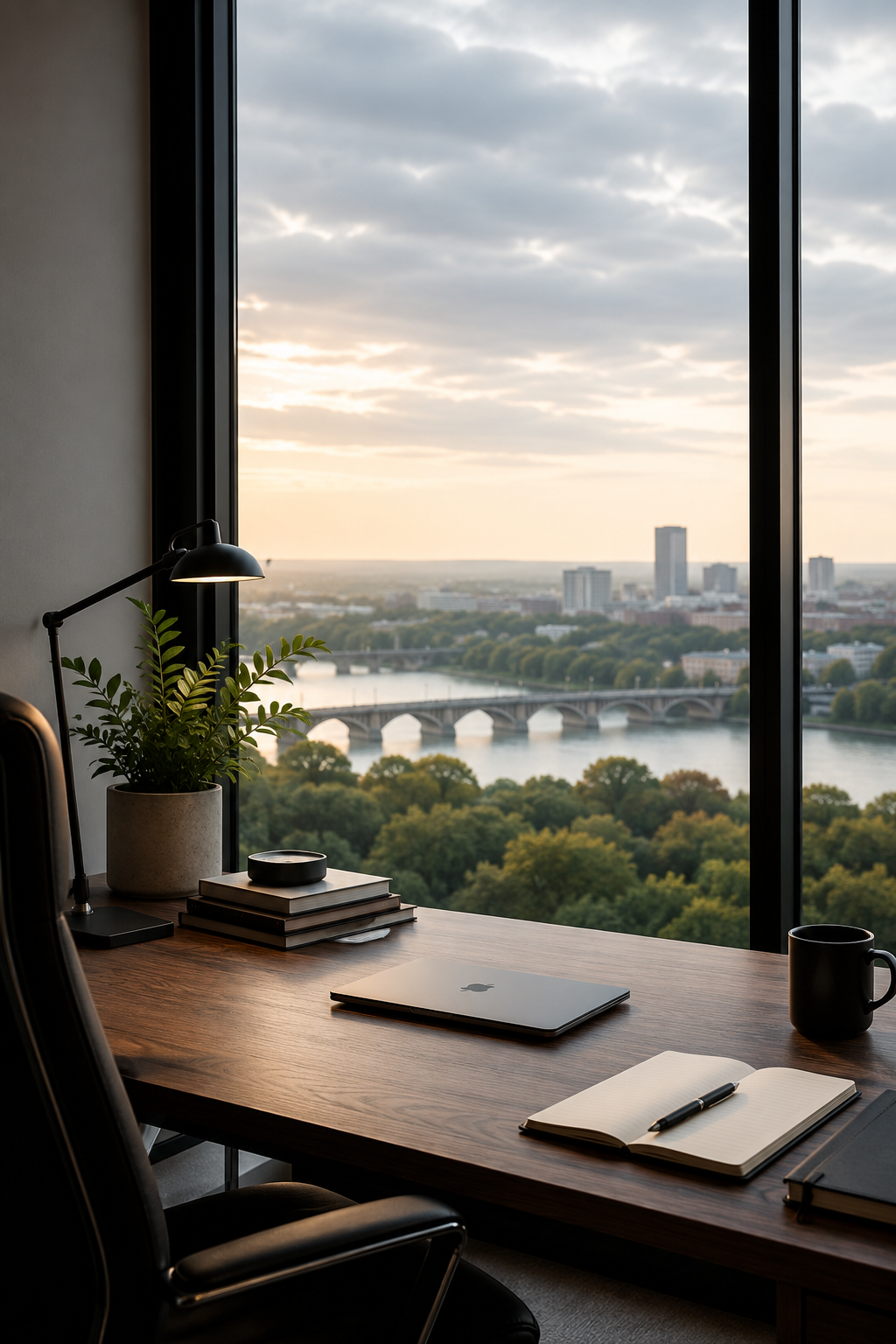 An office desk by a window with a city and river view, a laptop, notebooks, a pen, a black mug, a potted plant, and a desk lamp.