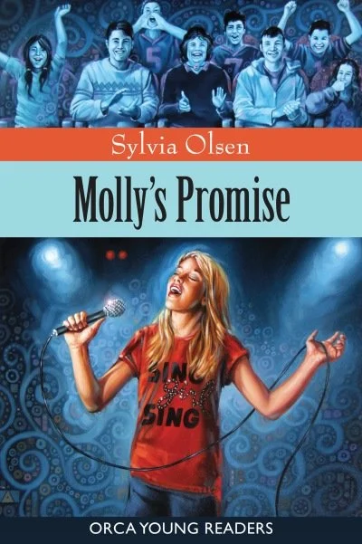 Book cover titled "Molly's Promise" by Sylvia Olsen, featuring a young girl singing into a microphone with her eyes closed, on stage with a blue background. The top depicts a diverse group of young people smiling and clapping.