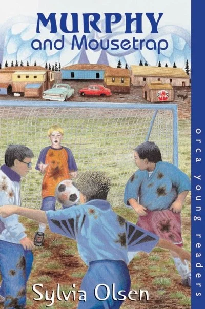 Book cover titled "Murphy and Mousetrap" by Sylvia Olsen, showing children playing soccer on a grassy field with houses and trees in the background.