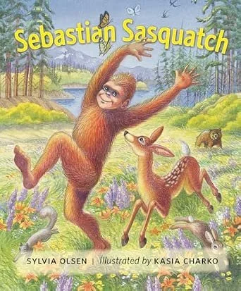A cheerful cartoon orangutan dancing in a colorful forest with flowers and rabbits, with the title 'Sebastian Sasquatch' and author credits.