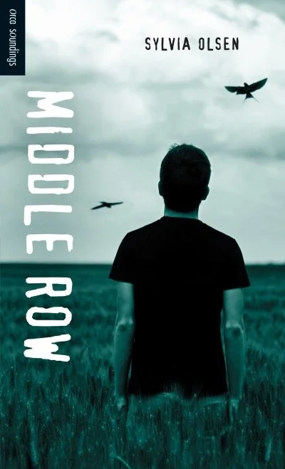 A person standing in a grassy field, facing away, with two birds flying in cloudy sky above.