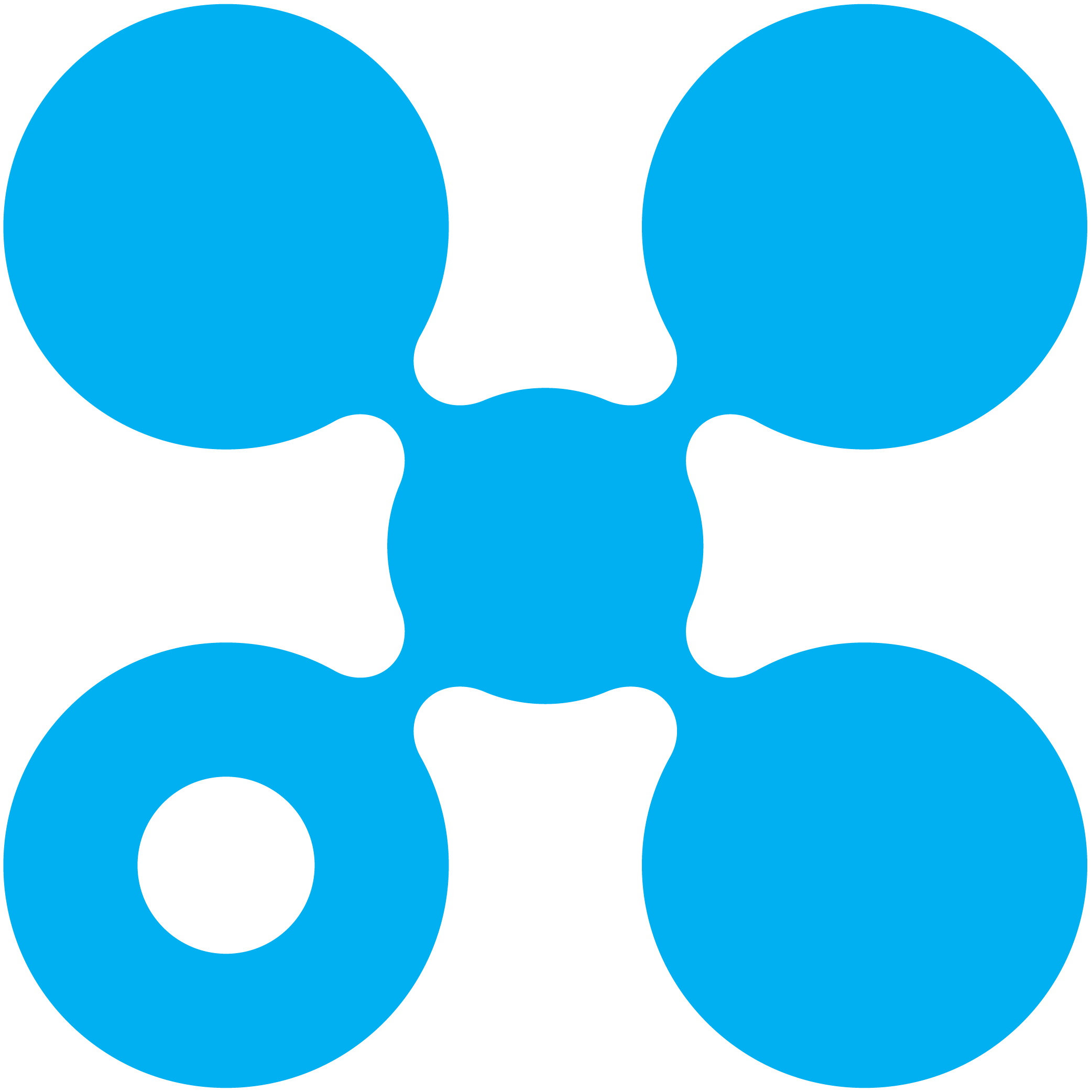Ilustração de um símbolo de conexão ou link estilizado em azul com elementos arredondados.