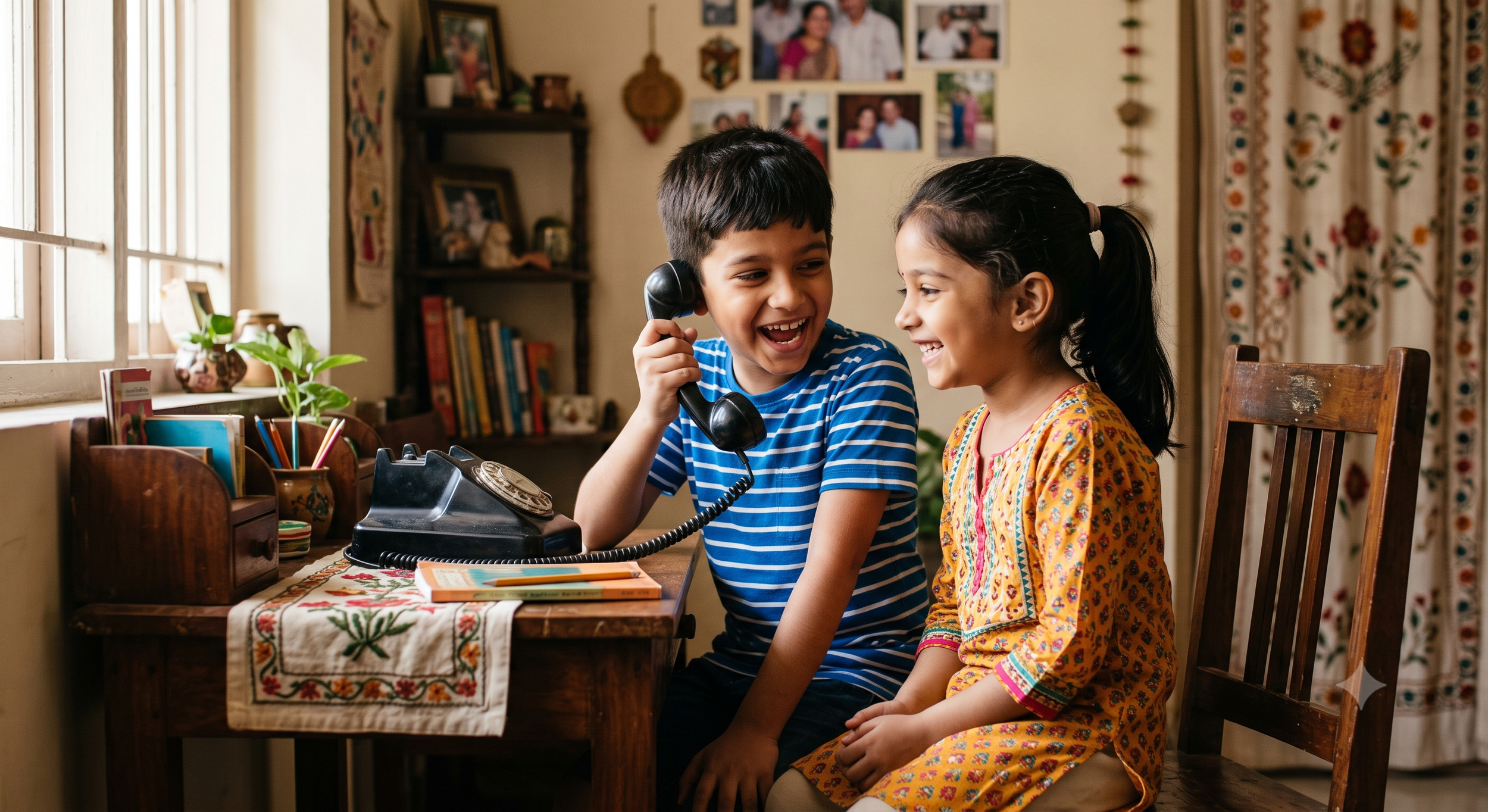 Two children, a boy and a girl, smiling and laughing while talking on an old rotary phone at a wooden table in a cozy, decorated home.