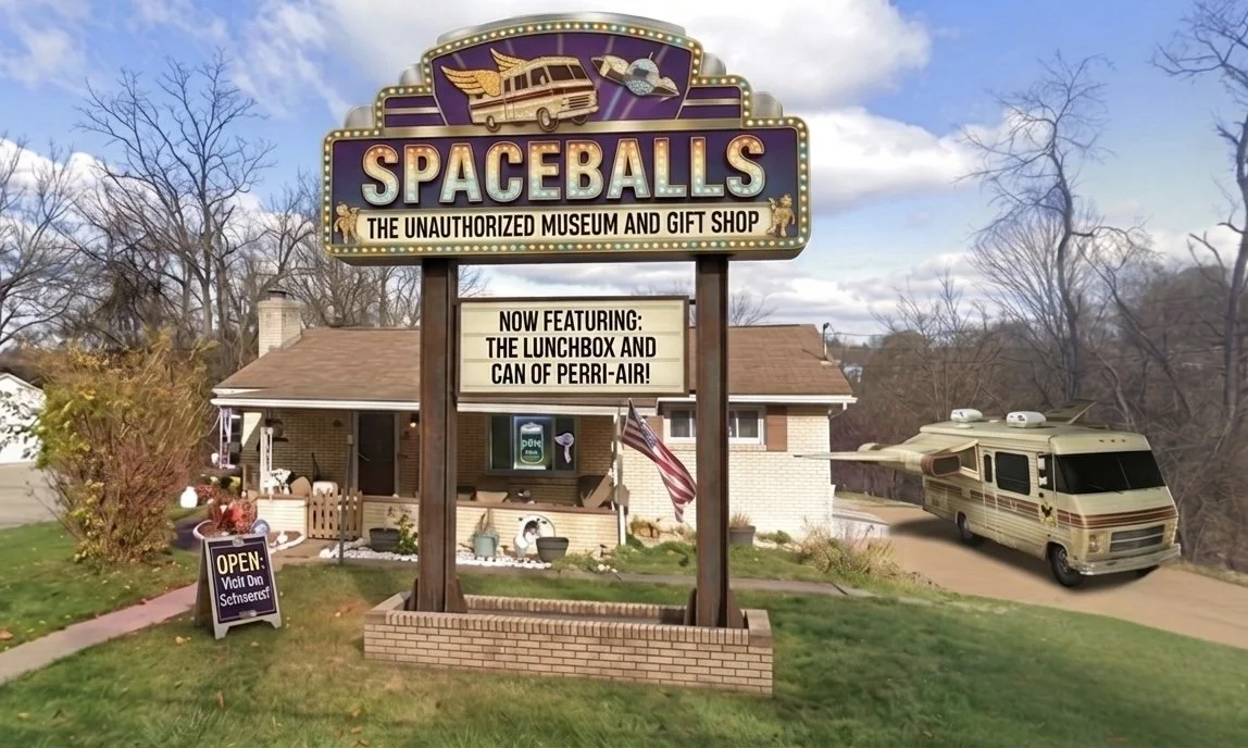 Sign for Spaceballs Museum and gift shop in front of a house, with a vintage RV parked on the driveway and an American flag. The sign announces featuring a lunchbox and a can of Perri-Air, with a smaller sign indicating the shop is open on Vaci 9 in Setmerset.