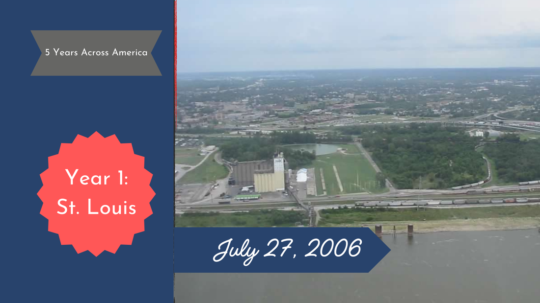 View of Mississippi River and St. Louis through the windows of the Gateway Arch