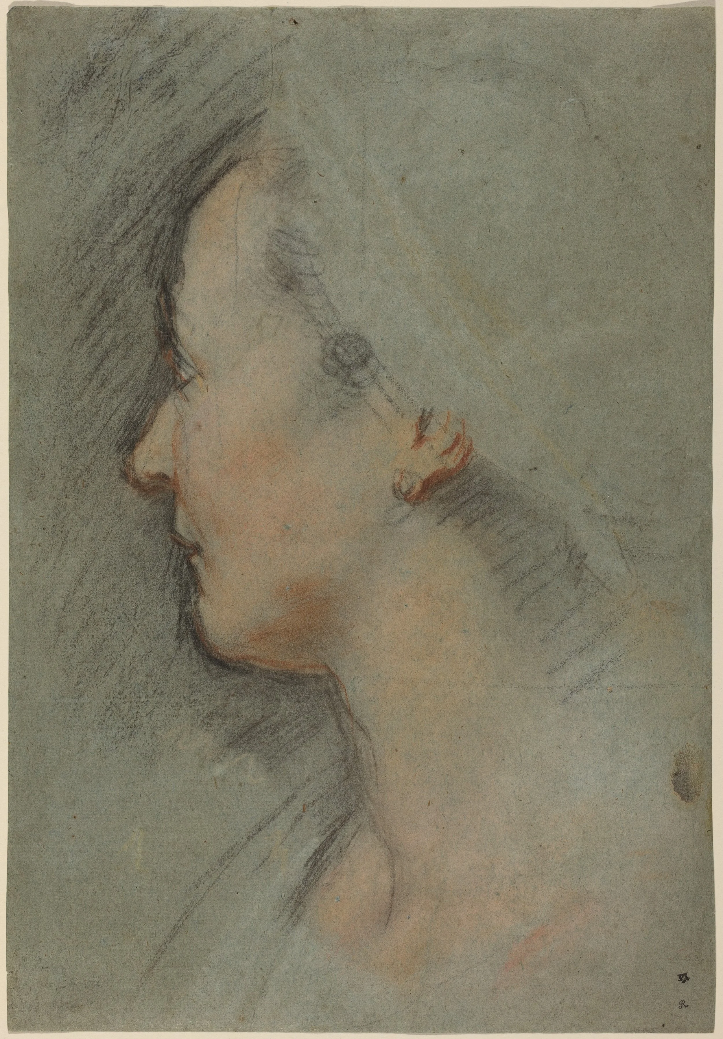 Color drawing of a white woman's head wearing a scarf