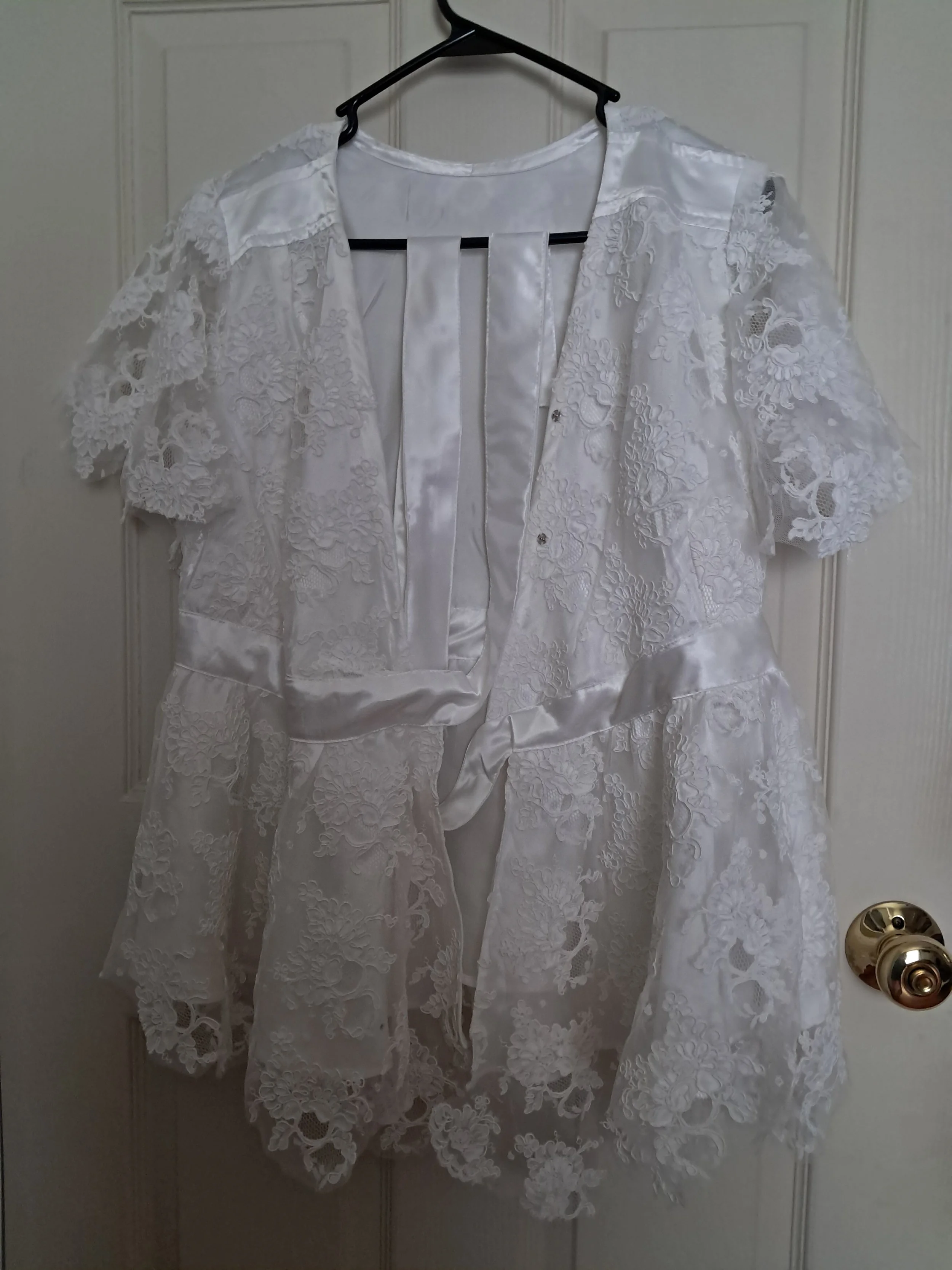 White satin wrap blouse with lace overlay
