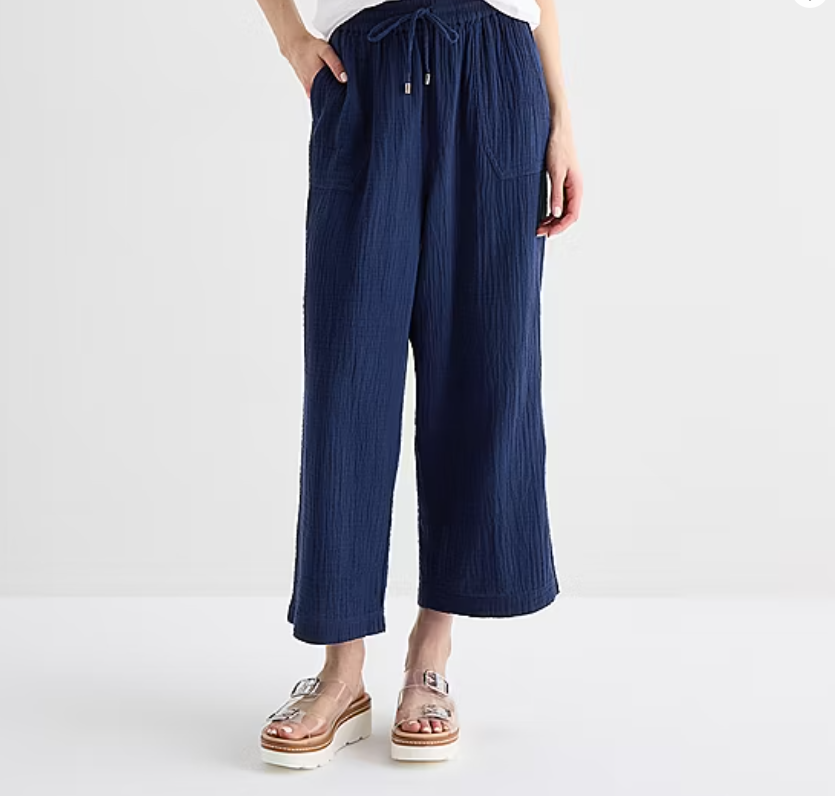 St. Johns Bay Straight Cropped Cotton Gauze Drawstring Pants in Blue
