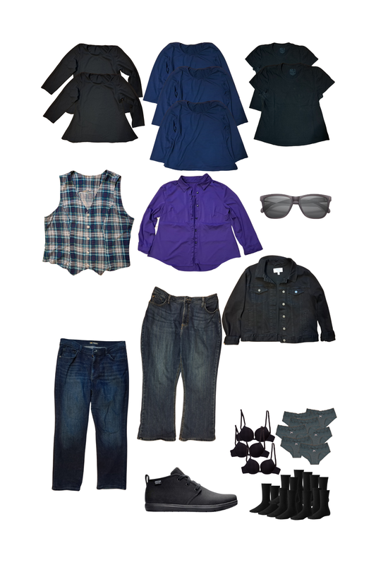 Jeans and t-shirt capsule wardrobe flatlay