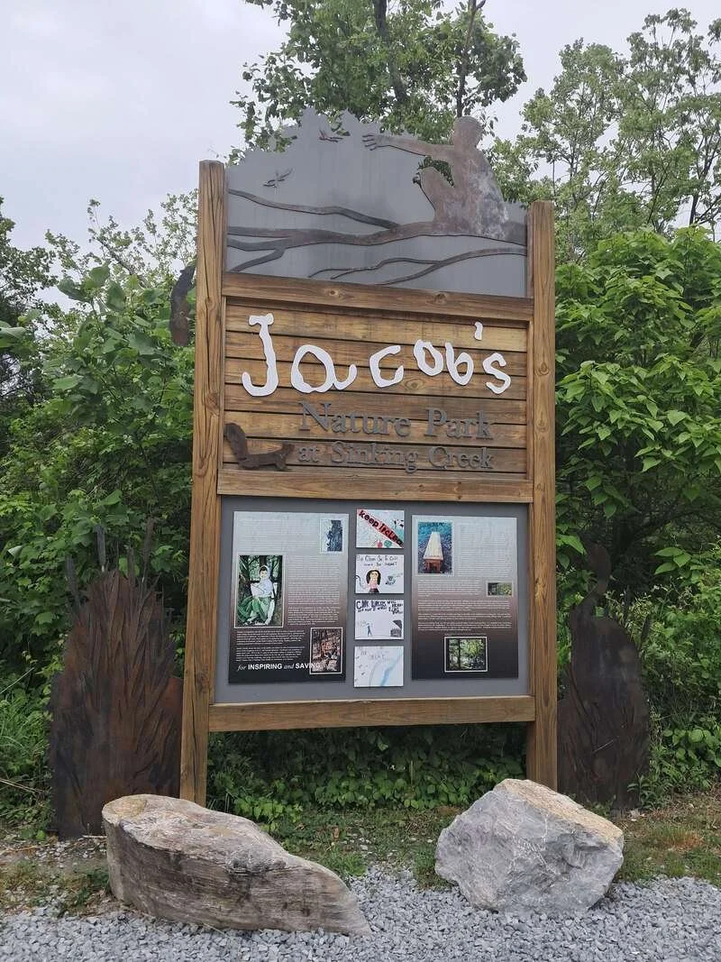 The wood and metal sign for Jacob's Park, Johnson City, TN