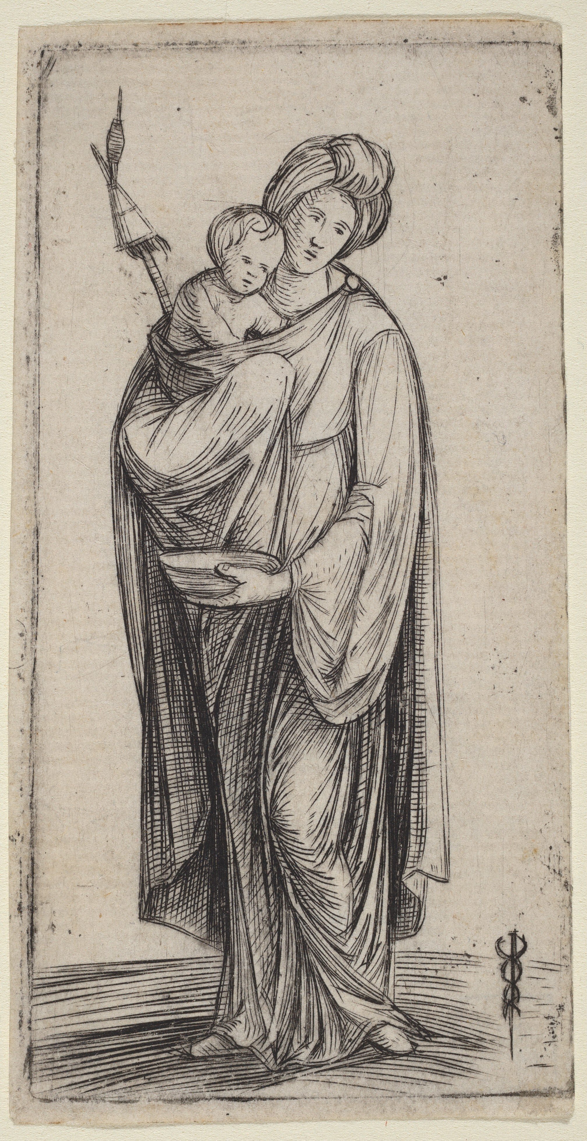 Engraving of a woman carrying a child and a distaff