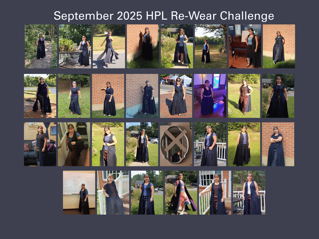 Photo collage of a white woman wearing a dark denim duster for a month