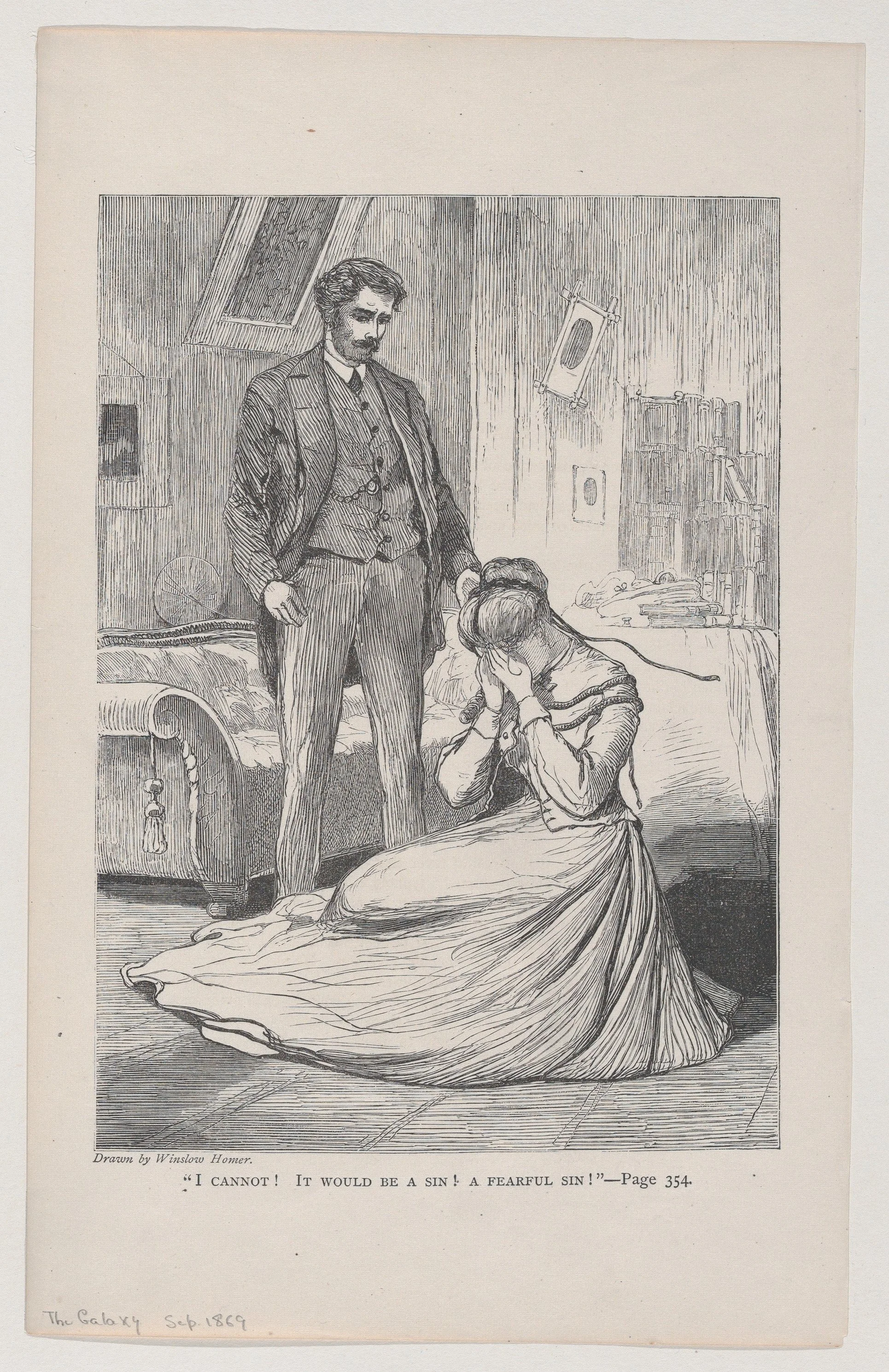 Wood engraving of a man standing over a crying woman