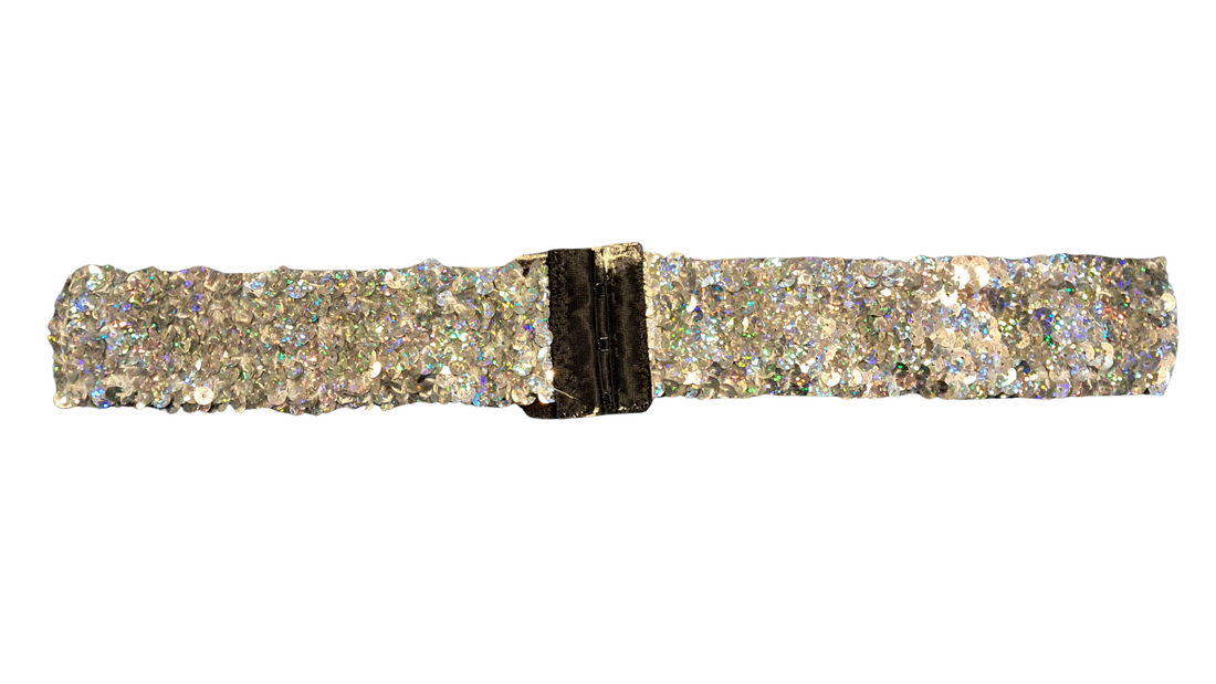 Silver sequin belt with black hook closure