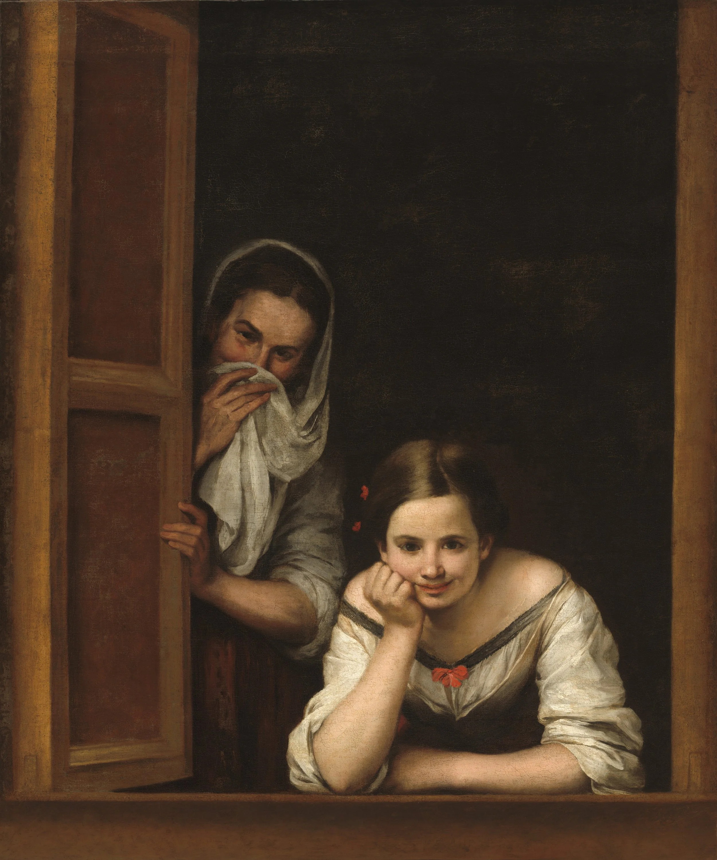 Oil on canvas of two women looking out a window