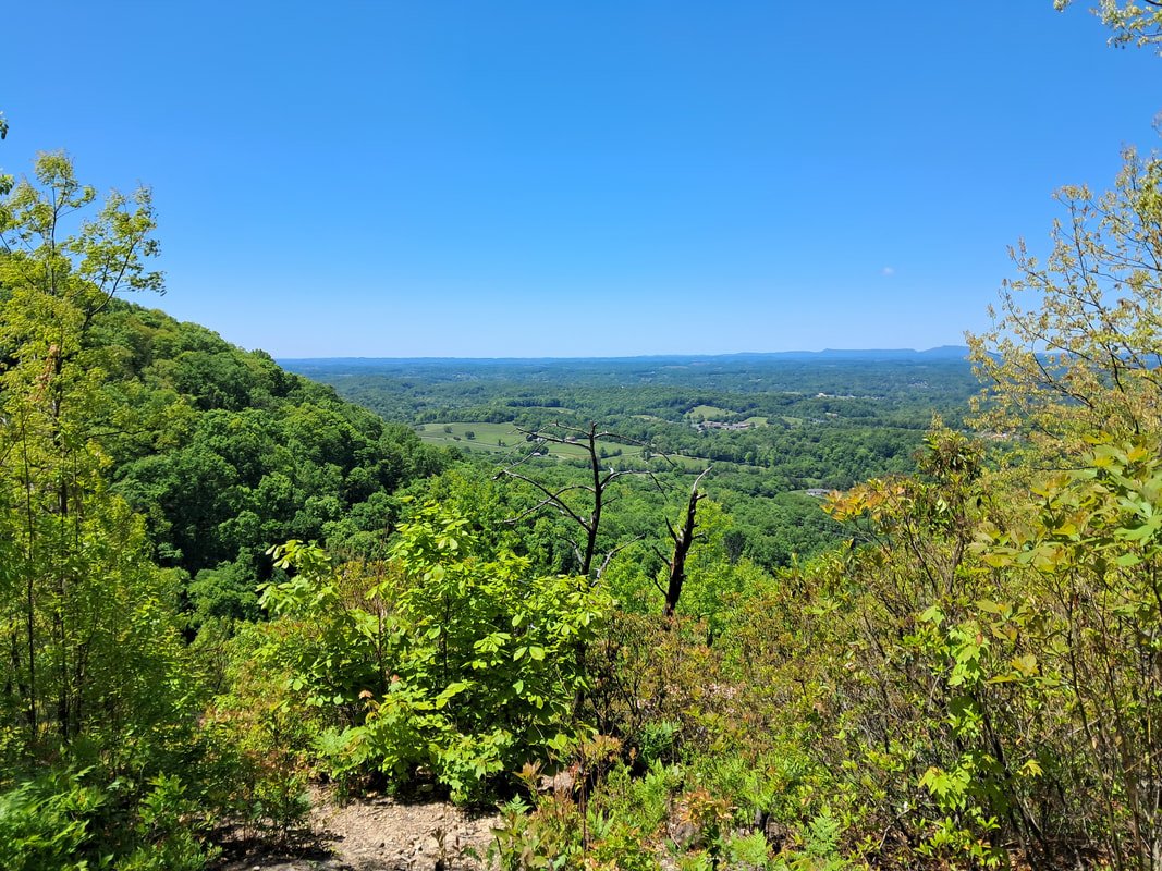 A view from a mountain overlook of deciduous forest and farmland under a blue sky