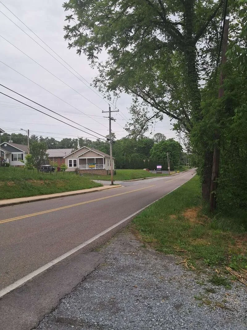 A road with trees, houses, and a church