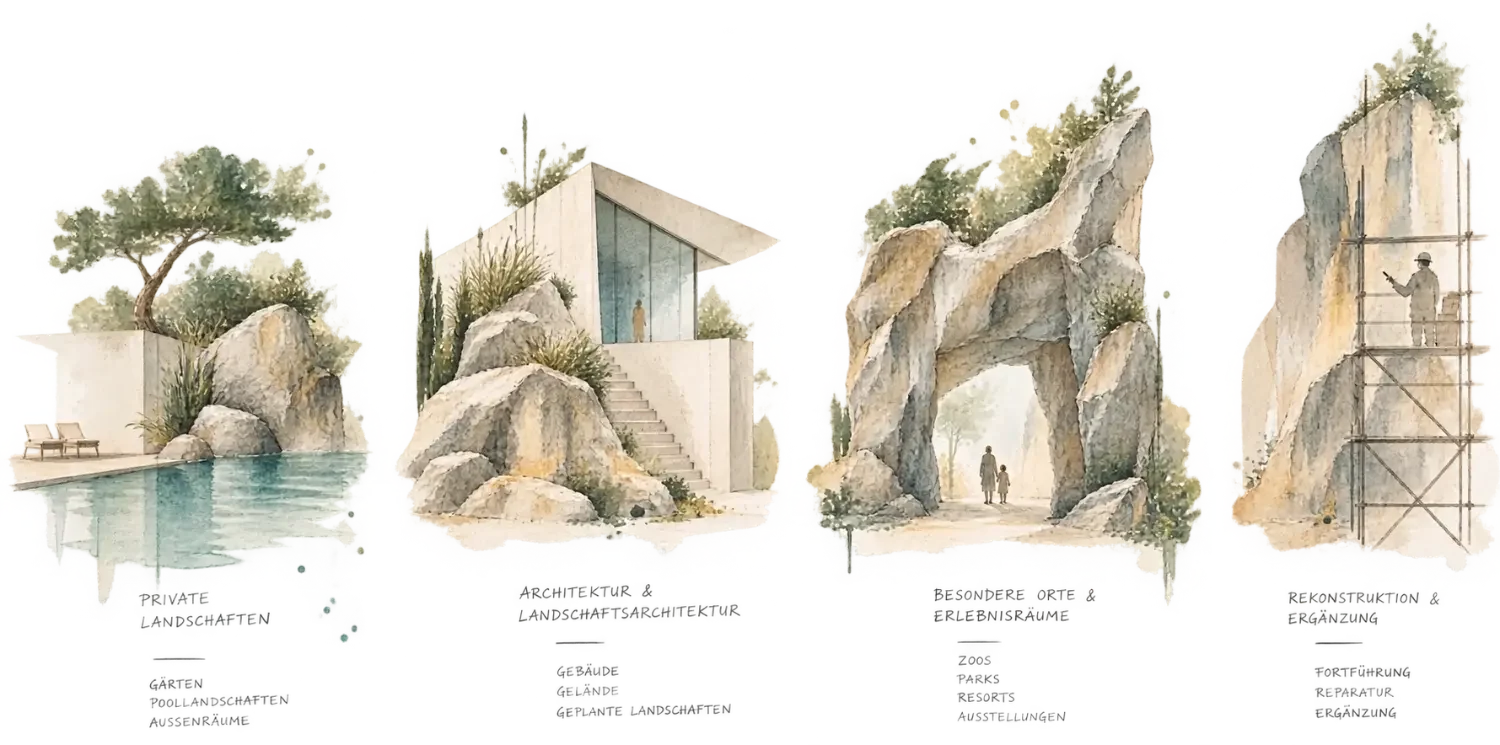 Illustration der Einsatzbereiche von Kunstfelsen in privaten Landschaften, Architektur, Erlebnisräumen sowie bei Felsrekonstruktion und Ergänzung.
