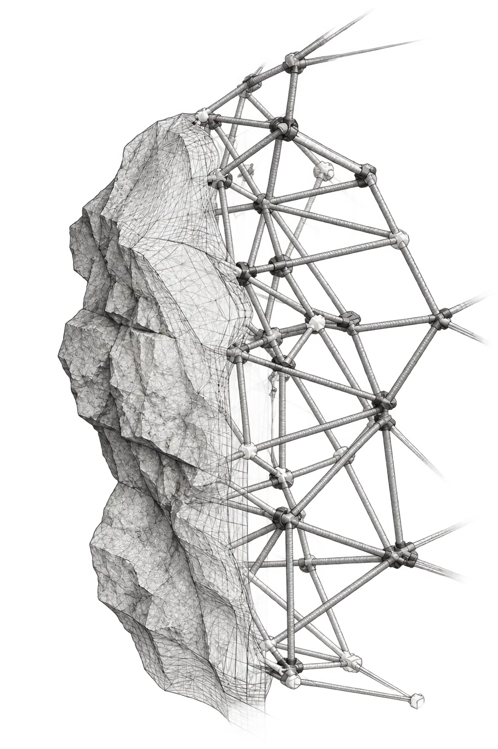 Schematische Darstellung des X-Grid-Prinzips als dreidimensionale Tragstruktur für frei geformte Kunstfelsen