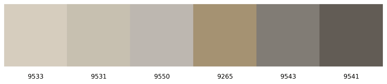Mineralische Farbpalette von Artificial Nature mit sechs abgestimmten Beige-, Stein- und Grautönen.