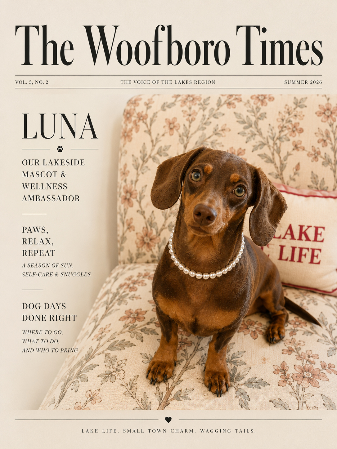 A magazine cover titled 'The Woofboro Times' featuring a dachshund wearing a pearl necklace, sitting on a floral-patterned sofa with a cushion that says 'Lake Life'.