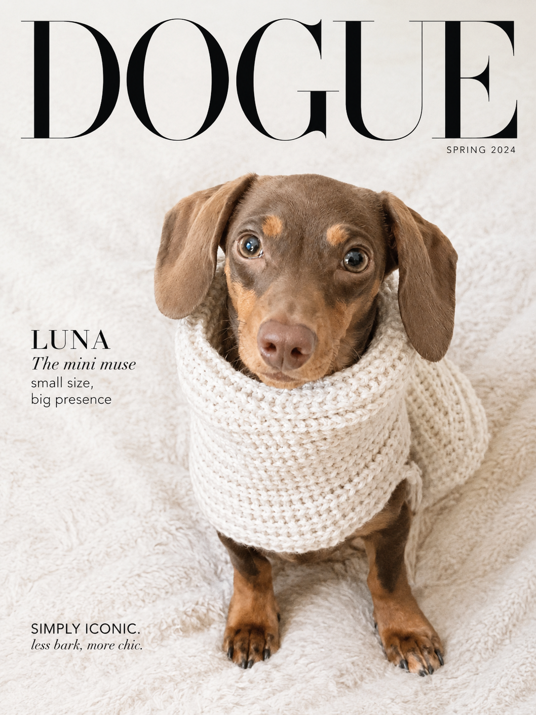 Cover page of DOGUE magazine, Spring 2024 issue, featuring a small brown dachshund wearing a chunky white knit sweater, sitting on a soft, cream-colored surface, with text highlighting Luna, the mini muse, described as small with a big presence.