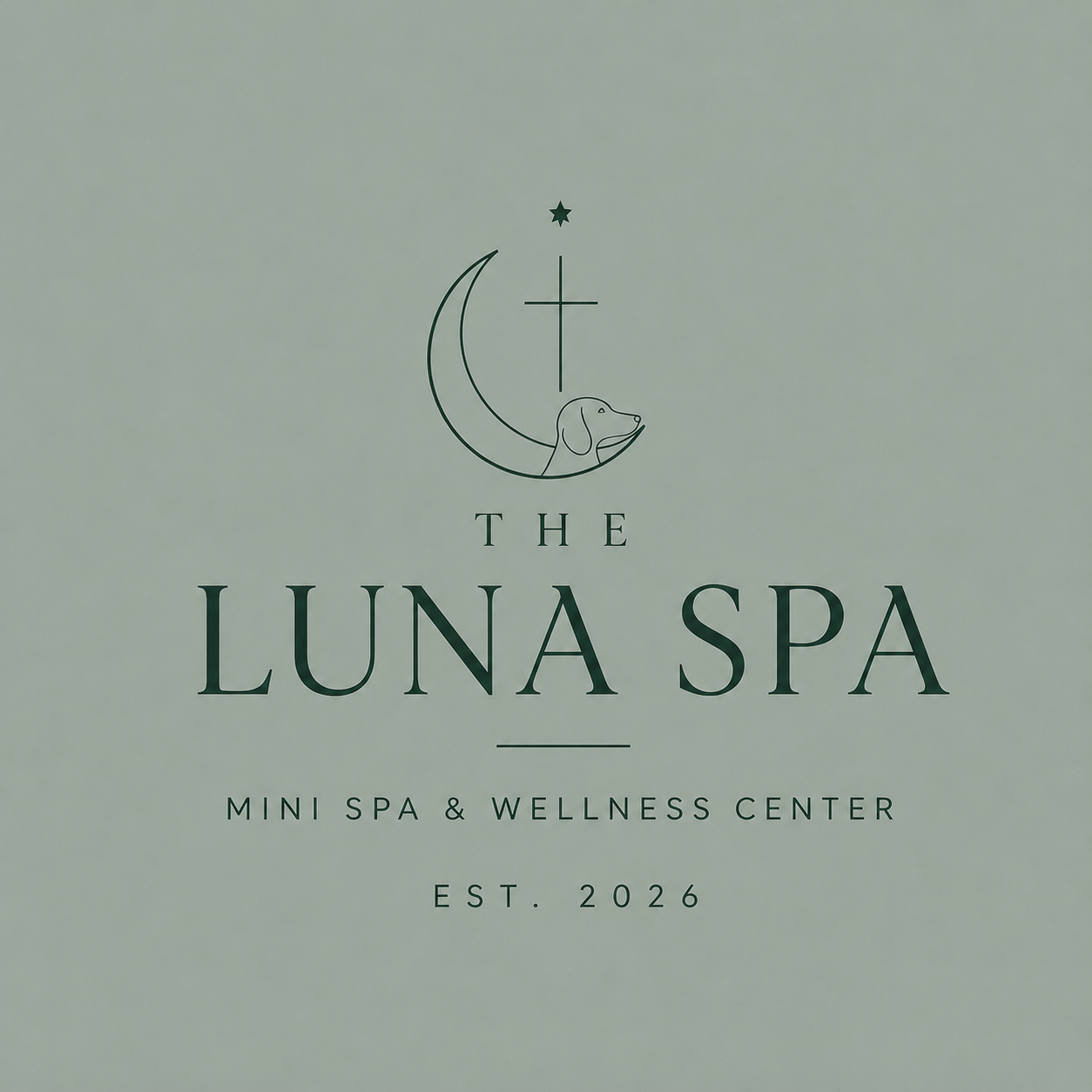 Logo for The Luna Spa, a mini spa and wellness center established in 2026. The logo features a crescent moon with a dog's head, a star, and a cross above the moon.