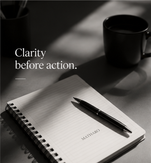 A notebook with the word 'MATHARO' written on an open page, a pen resting on the notebook, a black coffee mug, and a small container with pens are on a desk. Text on the image reads, 'Clarity before action.'