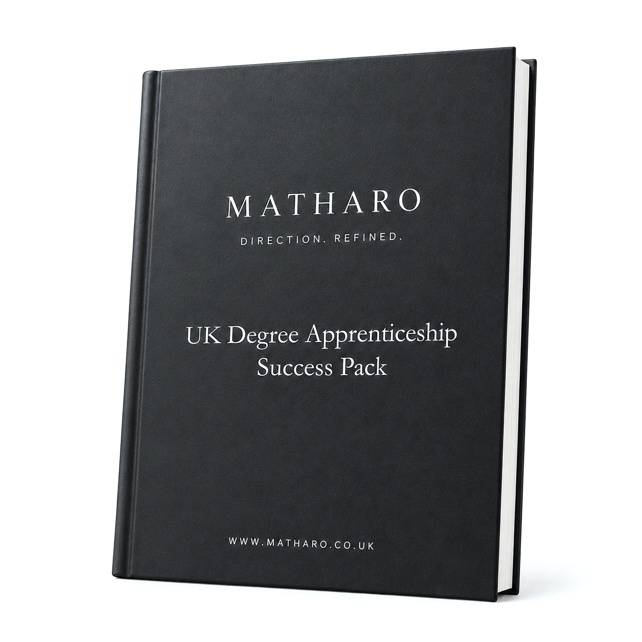 Black booklet titled 'Matharo, Direction. Refined.' and 'UK Degree Apprenticeship Success Pack' with a website URL at the bottom.