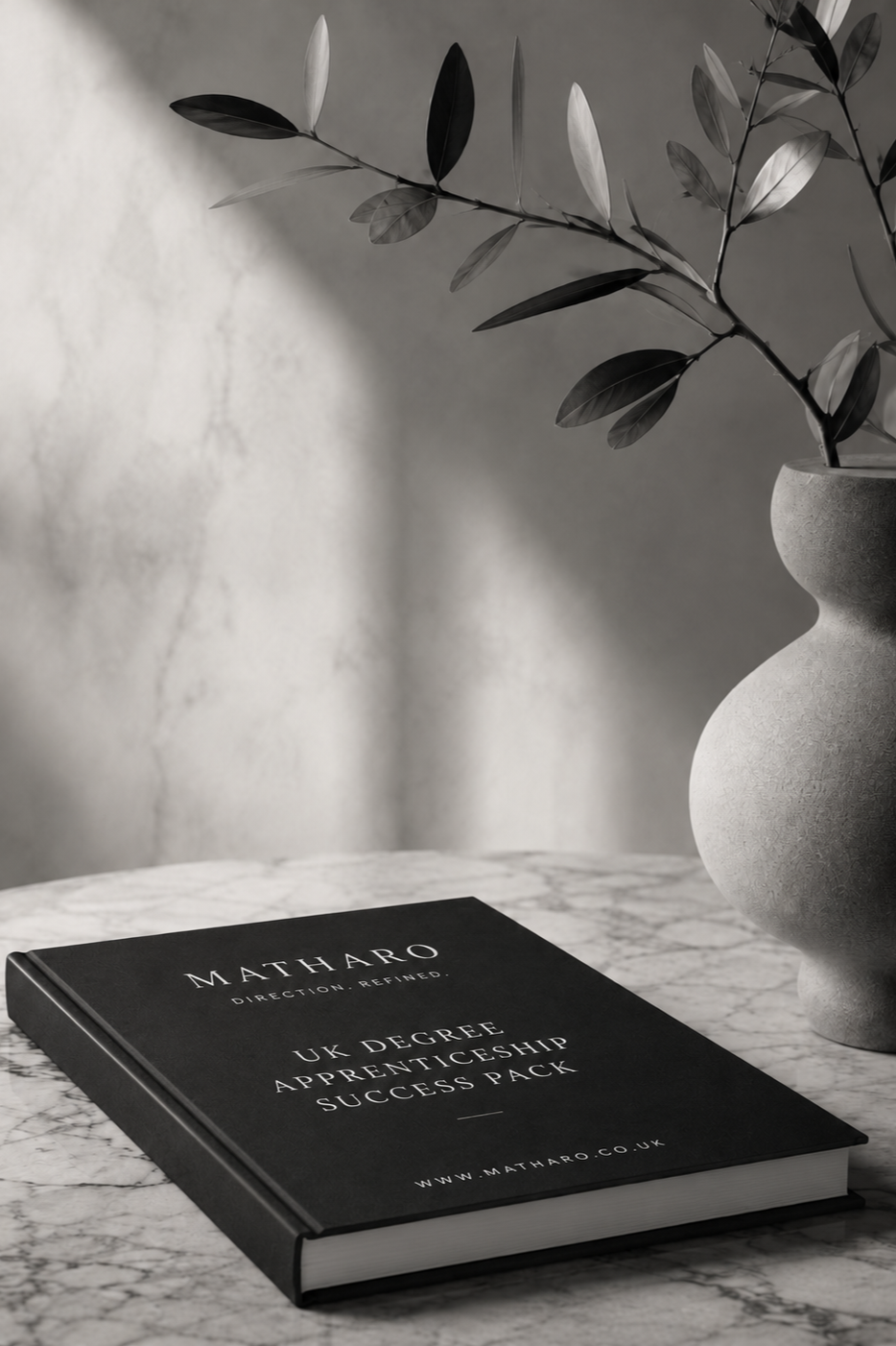 A black book titled "Matharo Direction Refined UK Degree Apprenticeship Success Pack" resting on a marble table next to a textured ceramic vase with green foliage. The background is a plain gray wall.