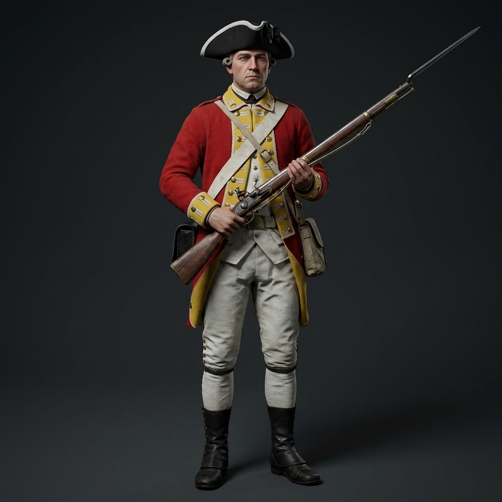 Man dressed as an 18th-century colonial soldier or militia member, carrying a musket with bayonet attached, standing against a dark background.