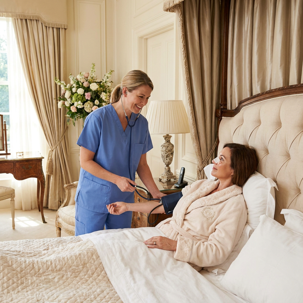 In-Home Aftercare curse taking care of patient recovering in her bed.