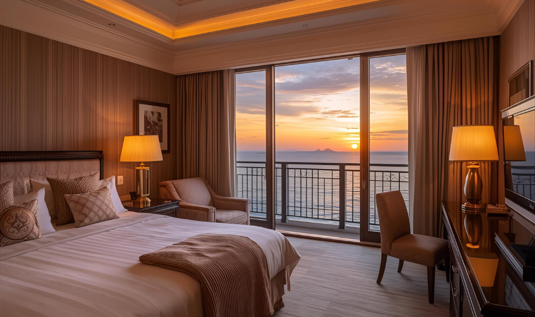 Luxury hotel room with ocean view of sunset