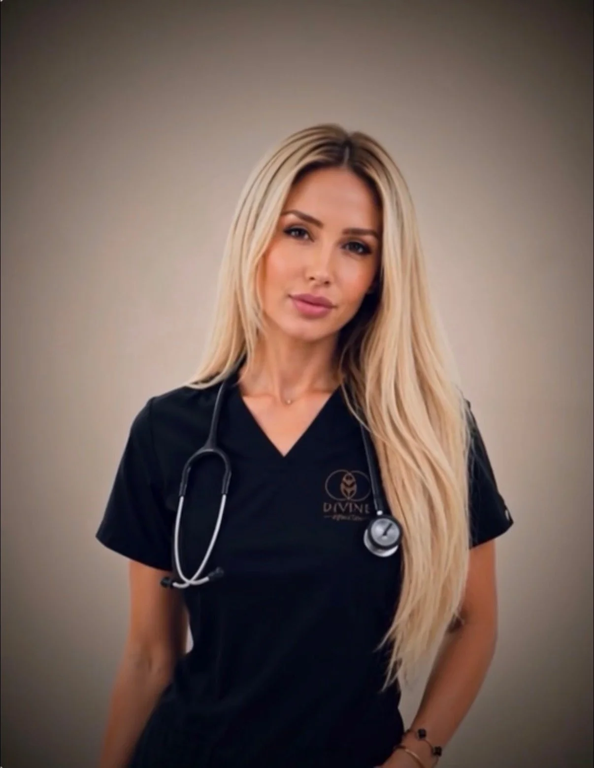 Blonde woman in scrubs smiling at camera, owner of Divine AfterCare.