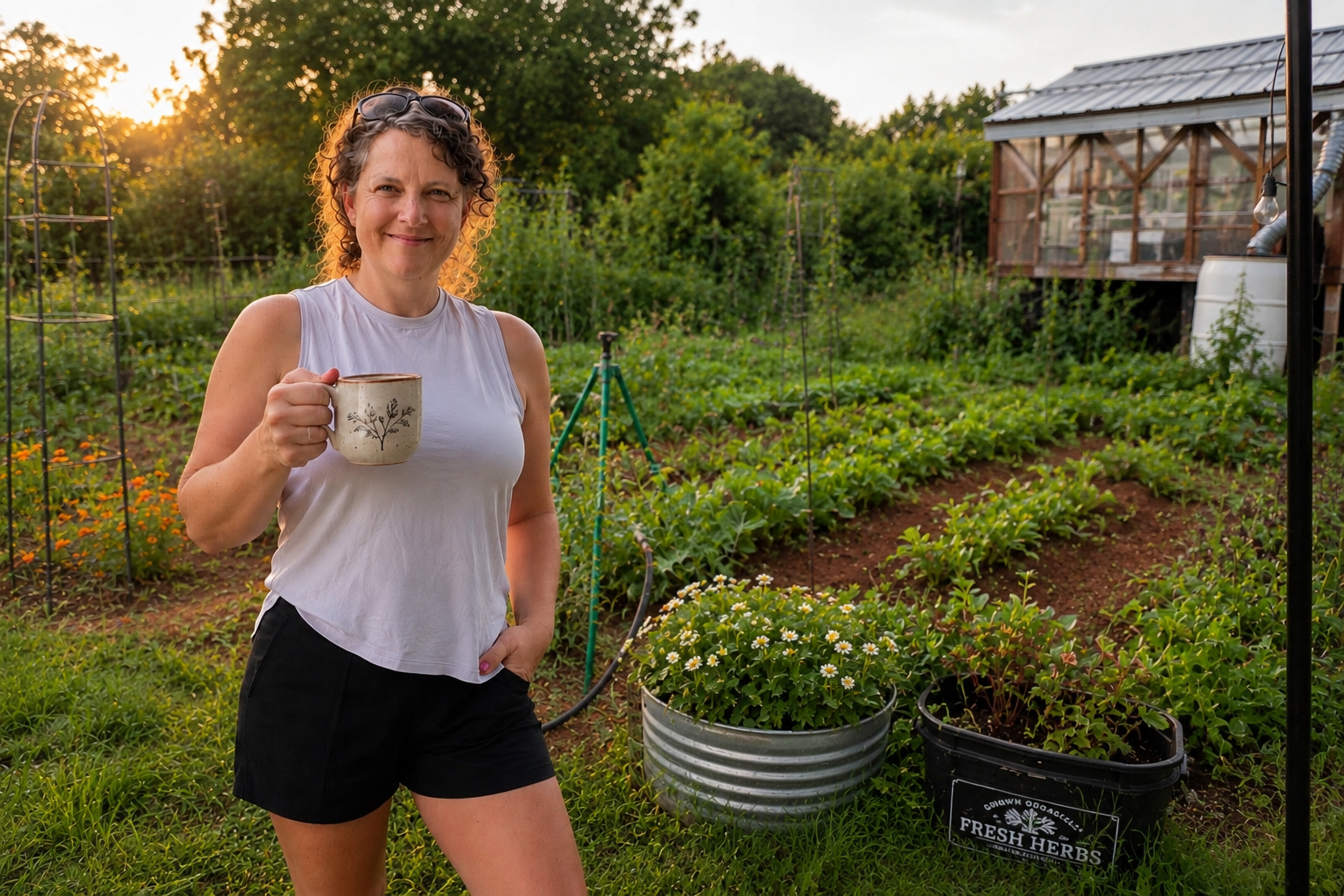 Christa enjoying a morning coffee while walking through her backyard garden where she grows flowers, herbs, and vegetables for her handmade skincare products.