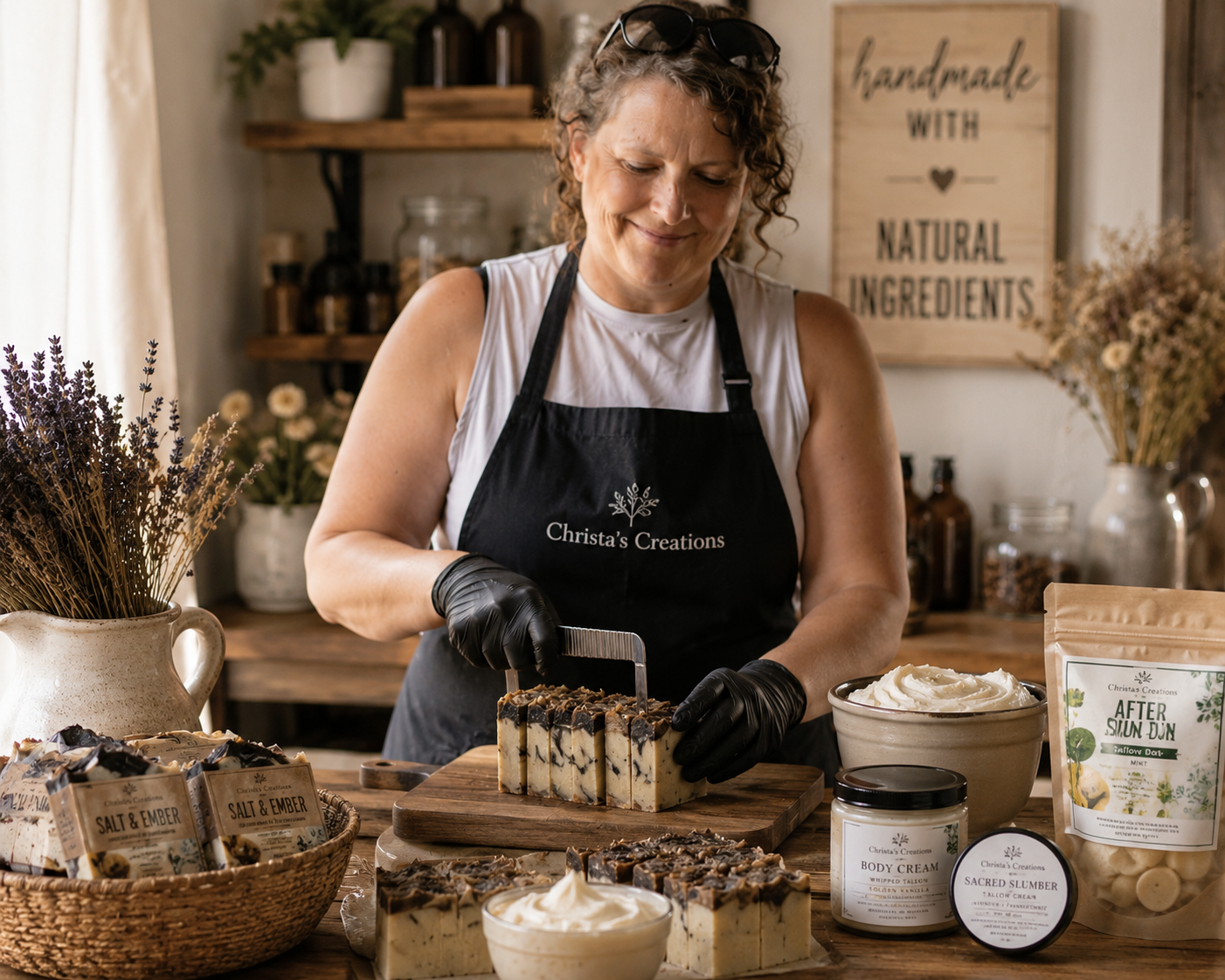 Christa, founder of Christa's Creations, crafting handmade grass-fed beef tallow soaps and natural skincare products in her Prince Edward Island workspace using small-batch methods.