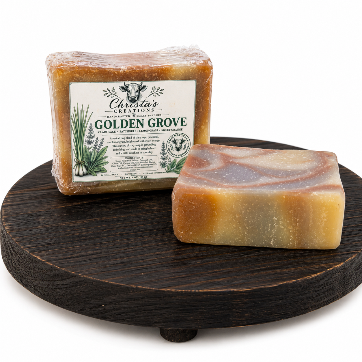 Golden Grove handcrafted grass-fed beef tallow soap by Christa's Creations scented with clary sage, patchouli, lemongrass and sweet orange essential oils.