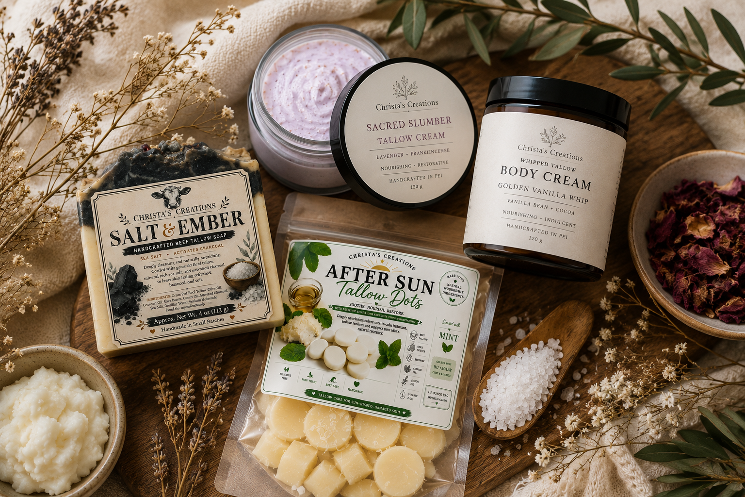 Christa's Creations handcrafted natural skincare collection featuring grass-fed beef tallow soap, whipped body cream, tallow face cream, and After Sun Tallow Dots styled with sea salt and botanicals on a soft linen background.