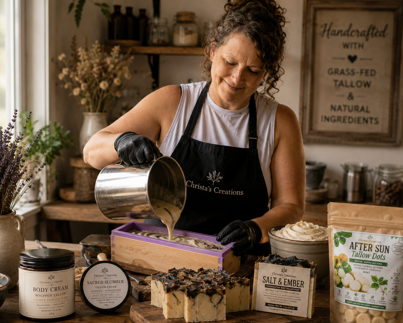 Christa pouring soap mixture into soap mold in a kitchen shop, surrounded by handmade soap, lotions, and natural ingredients.