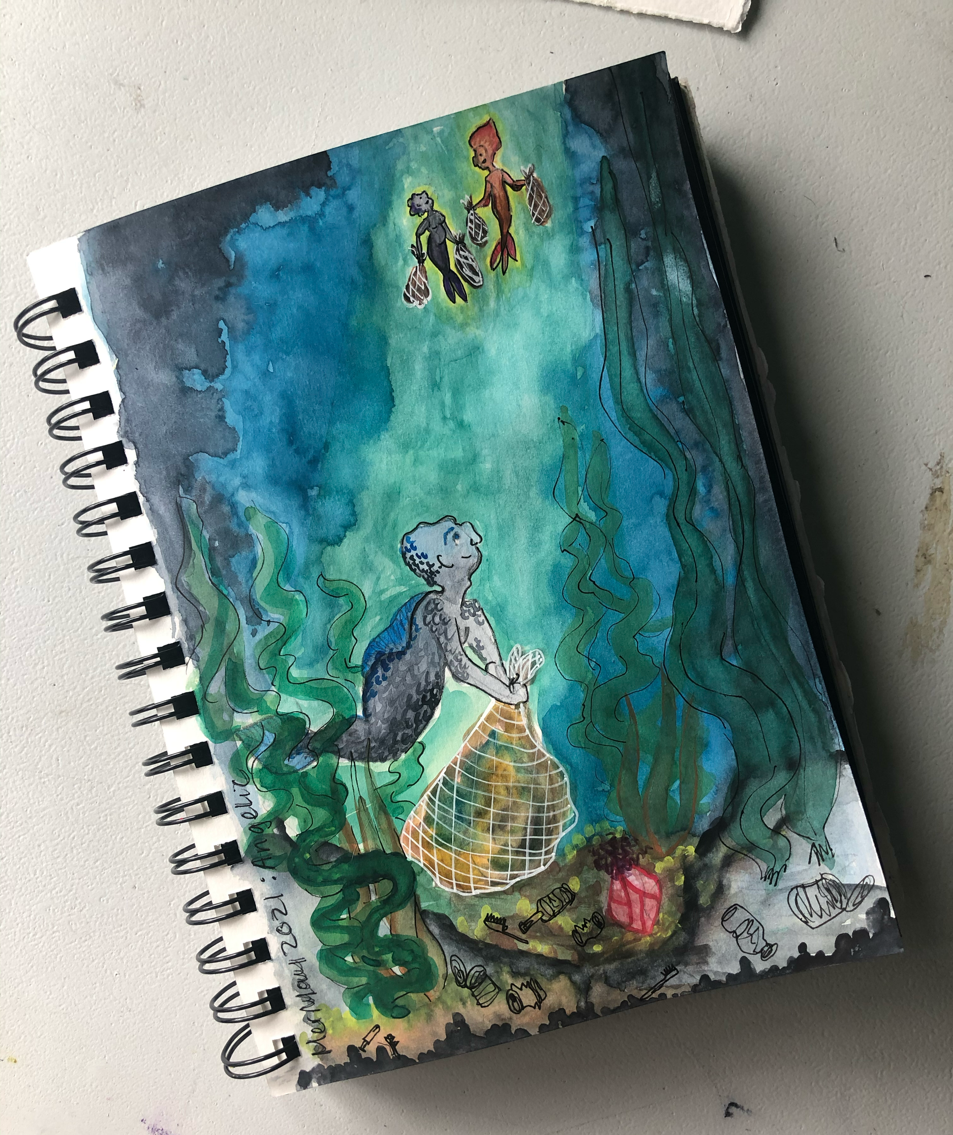 watercolour, chalk and ink 