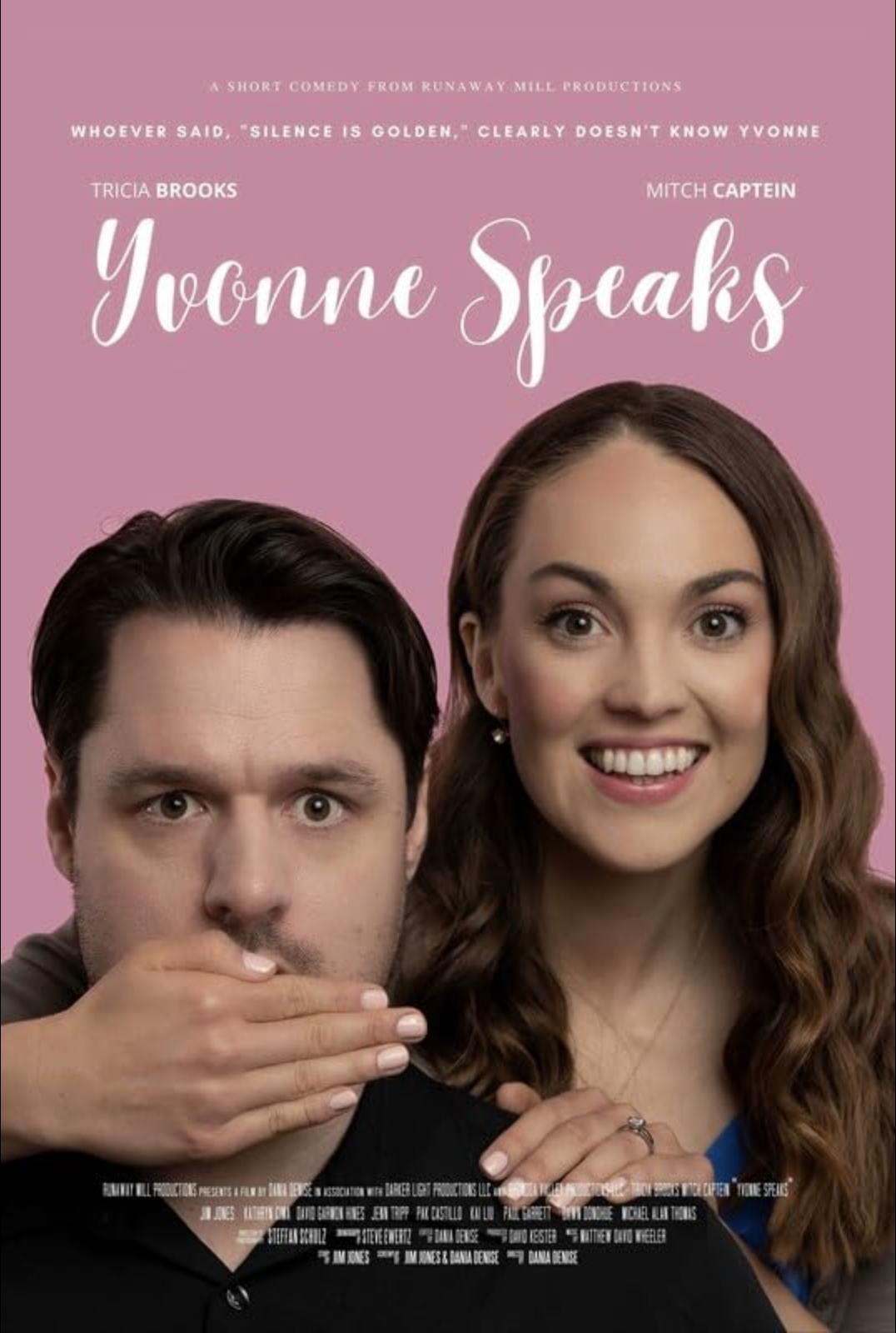 Promotional poster for the short comedy film titled 'Yvonne Speaks' featuring a man with dark hair and a woman with long wavy brown hair against a pink background.