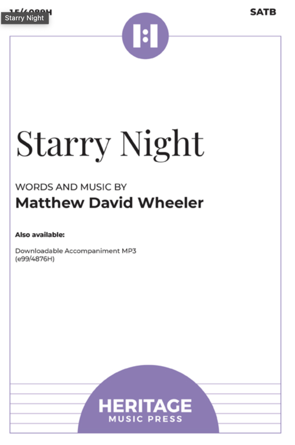 Music sheet cover titled "Starry Night" by Heritage Music Press, featuring text about the composition by Matthew David Wheeler and available as a downloadable MP3.