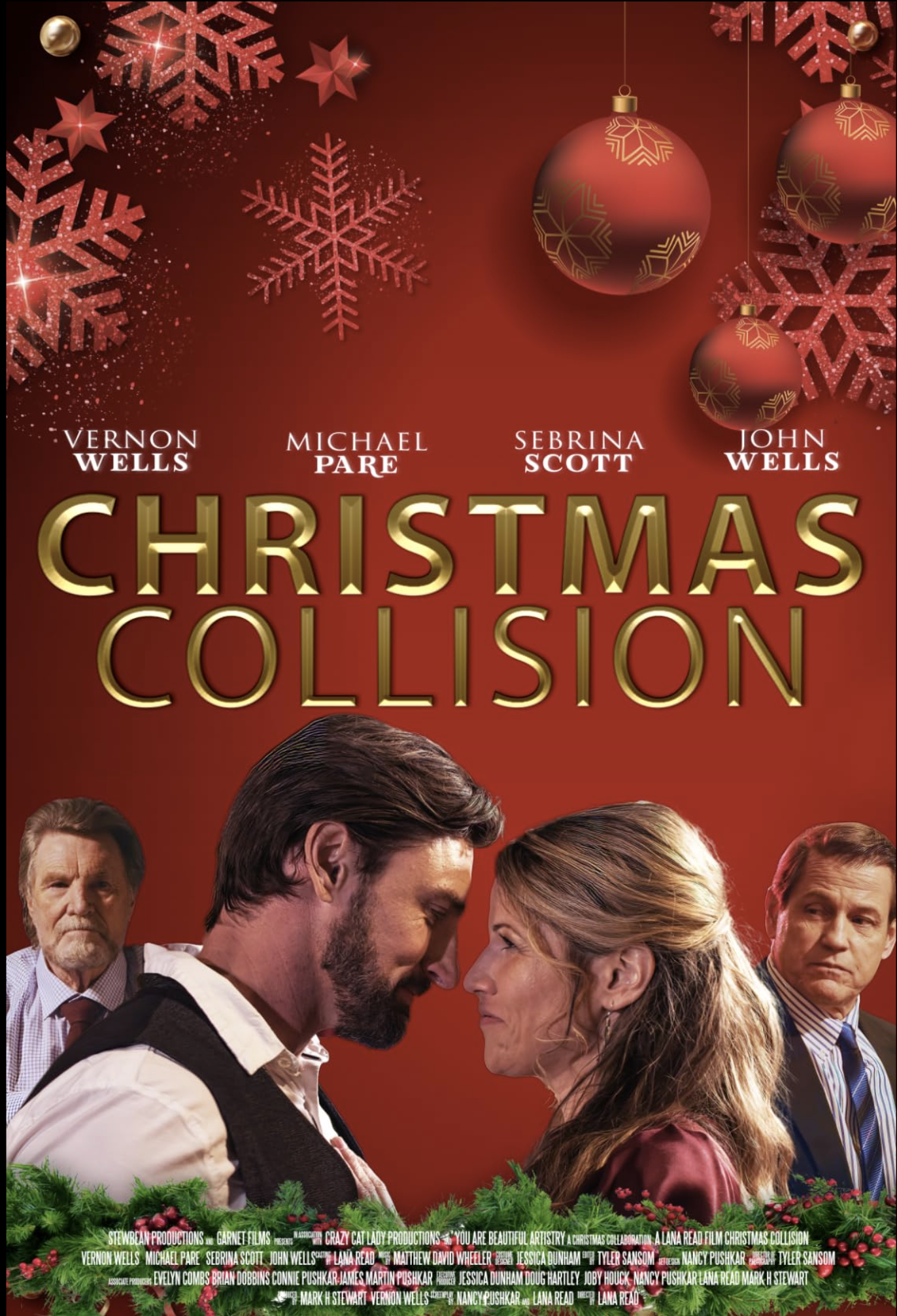 Promotional poster for the film "Christmas Collision" featuring images of cast members standing close together, with a festive background of red with snowflakes and ornaments, and Christmas greenery at the bottom.