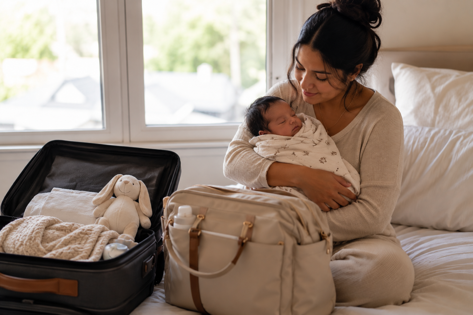 A woman sitting on a bed holding a sleeping newborn wrapped in a blanket, with travel bags, a stuffed bunny, and baby essentials nearby, in a well-lit room with large windows.
