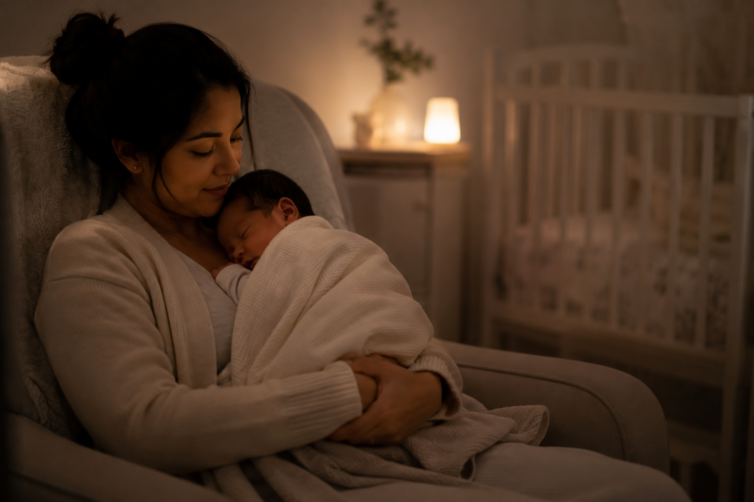 Woman sitting on a beige couch, holding a sleeping baby wrapped in a white blanket, in a cozy, softly lit room with a crib and a side table with a lamp and a plant in the background.