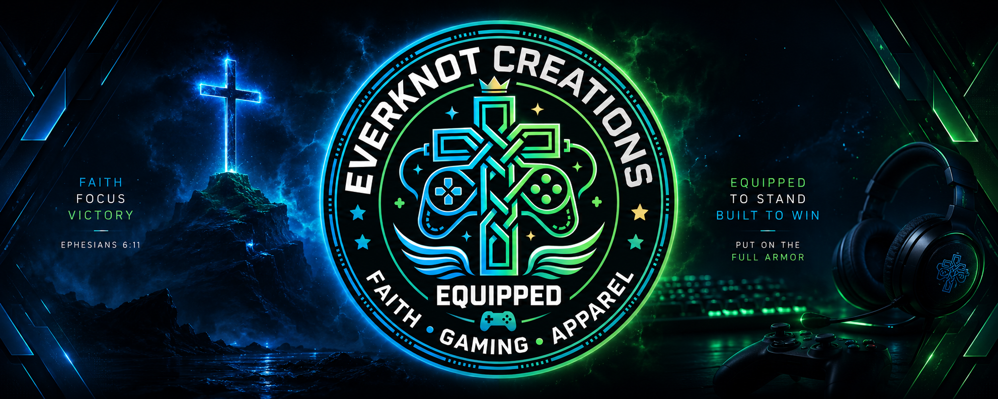 Everknot Creations Christian gaming apparel banner featuring a cross, game controller, headset, and the message Equipped to Stand, Built to Win.