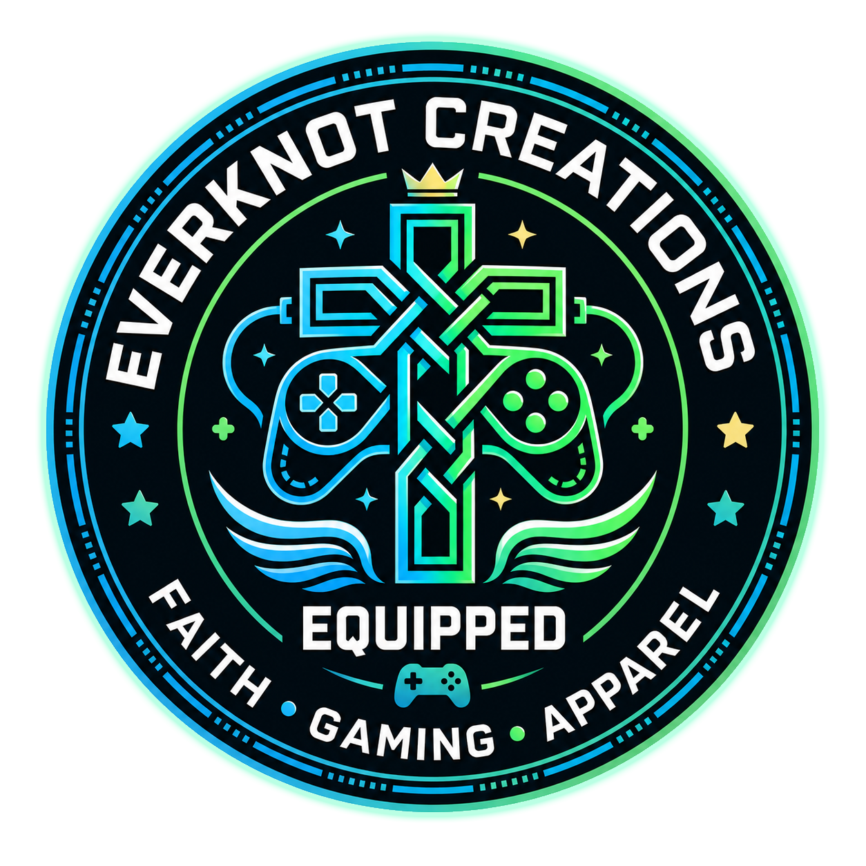 Everknot Creations cross and gaming controller logo.